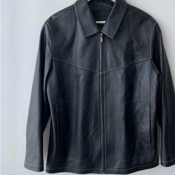 ITALIAN VINTAGE ZIP UP CONTRAST STITCH BLACK LEATHER JACKET - Picture 4 of 8